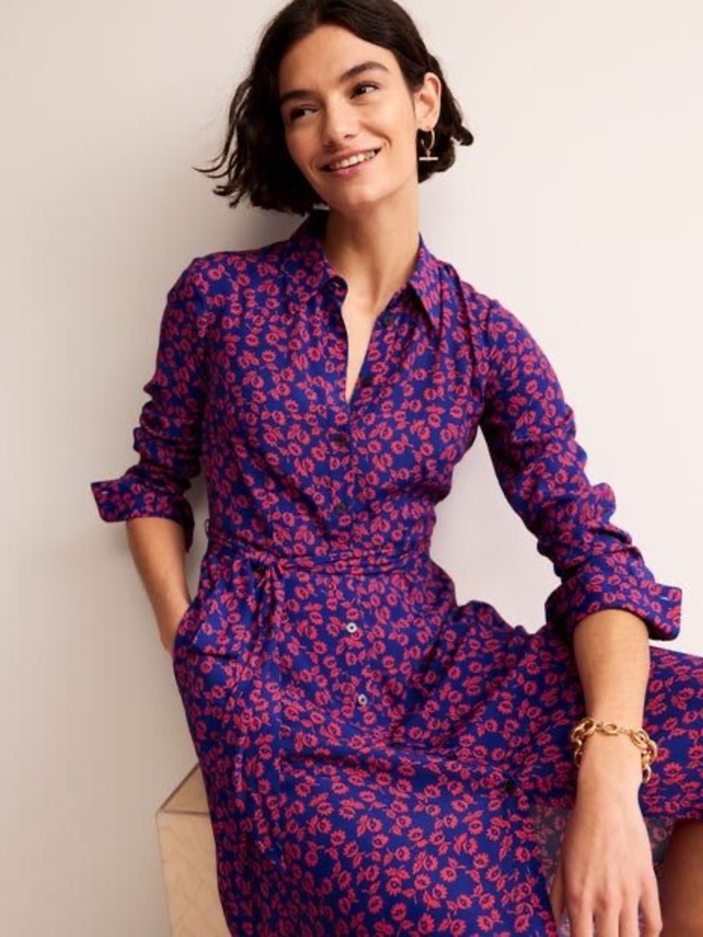 Boden Blue & Red Floral Kate Midi Shirt Dress